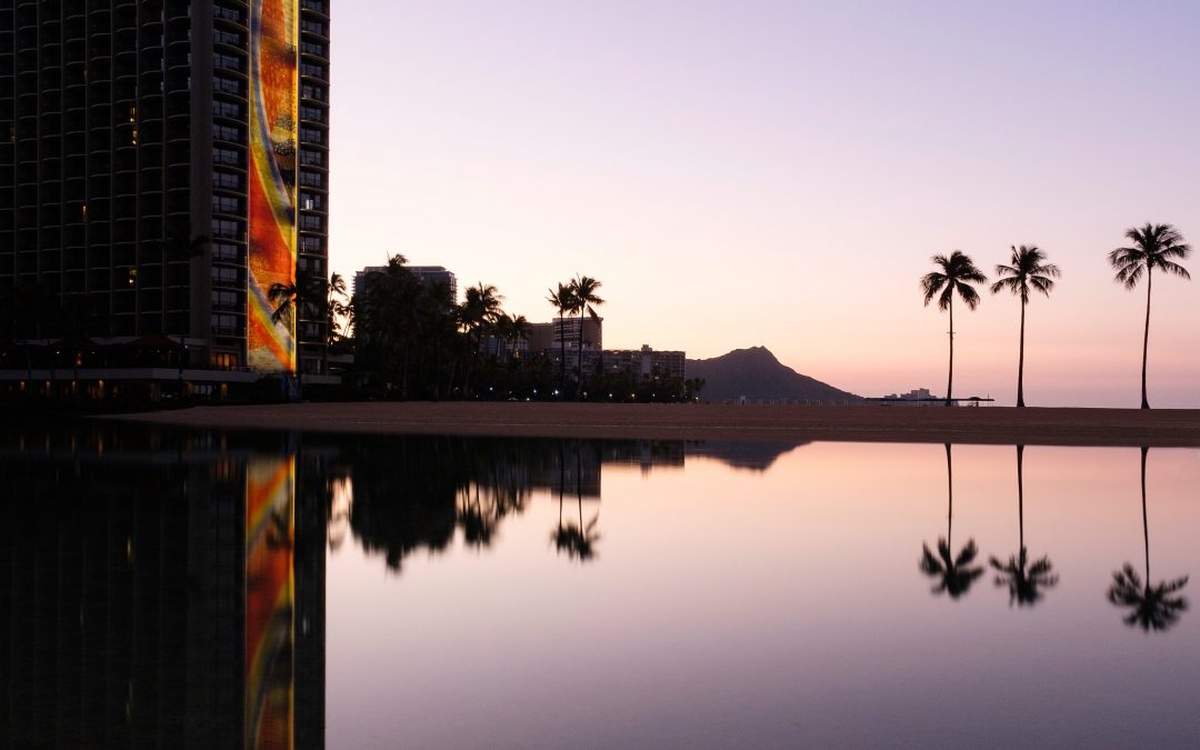 Sunset over lagoon, Hawaiian Hilton Village