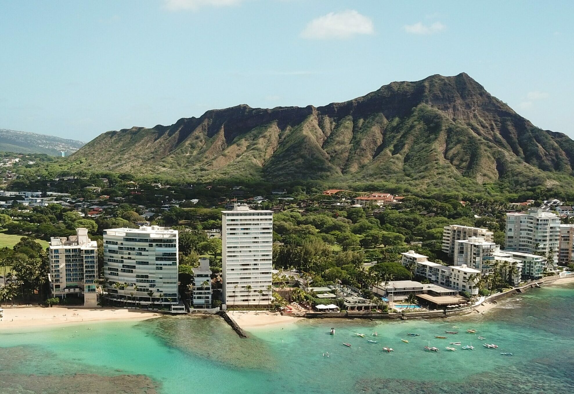 Waikiki Beach with Diamond Head Crater in the background.