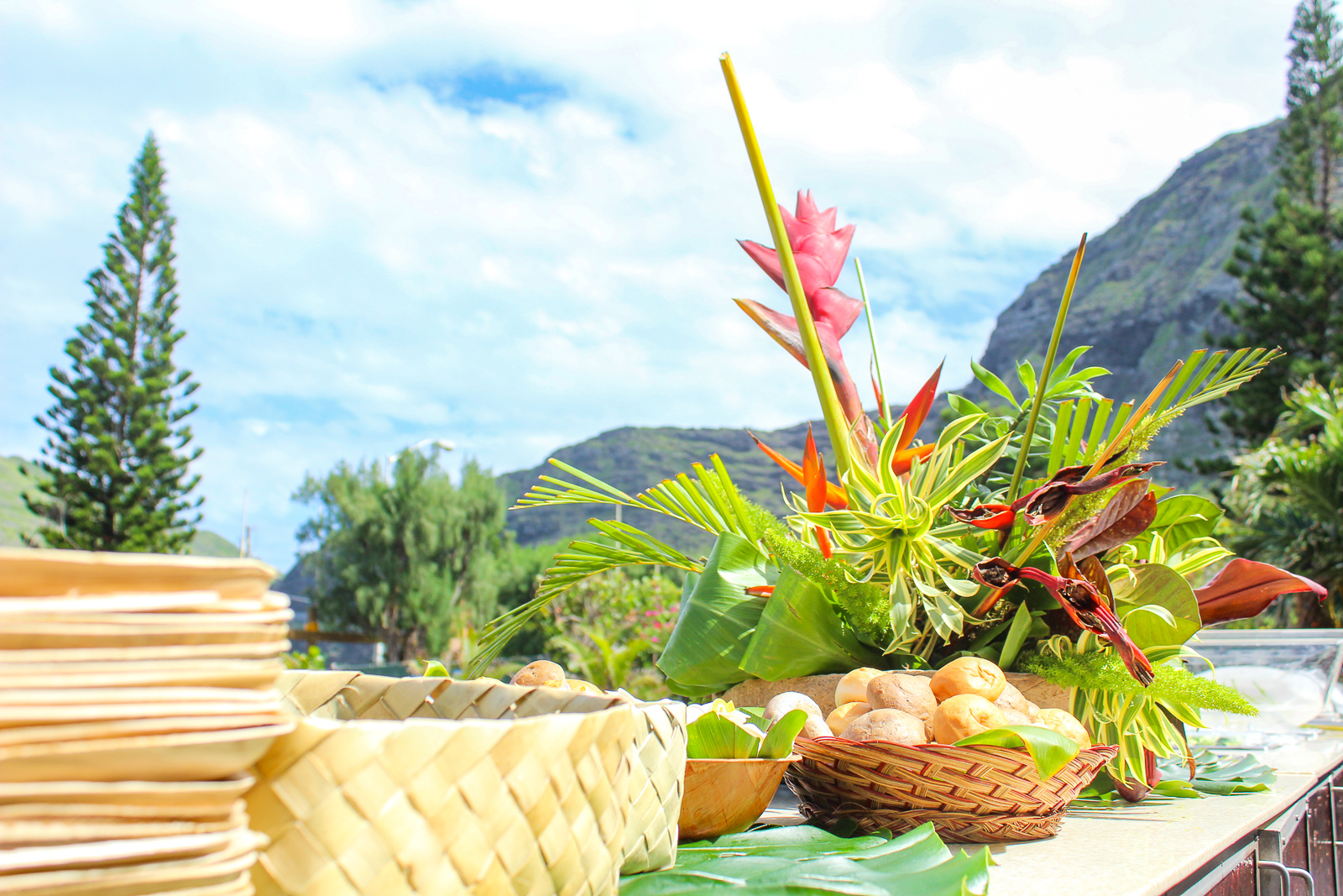 Luau buffet with mountains and ocean in the background