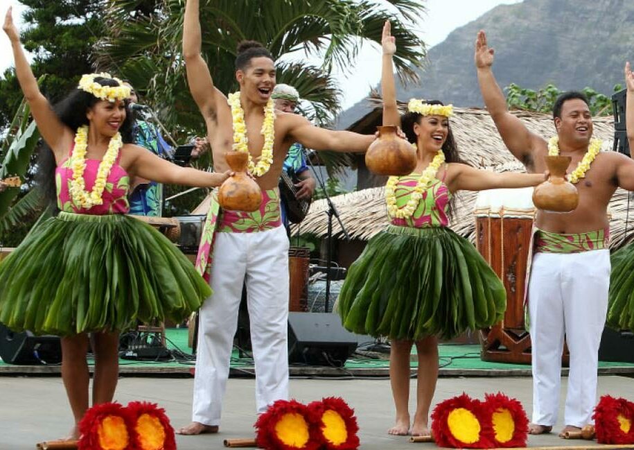 Hula performers on stage at Aloha Kai at Sea Life Park in Oahu, Hawaii