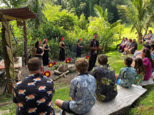 Guests sit and watch a hula demonstration in a tropical garden setting. 