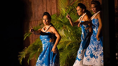 Luau performers dance on stage at the Myths of Maui Luau in Ka'anapali.