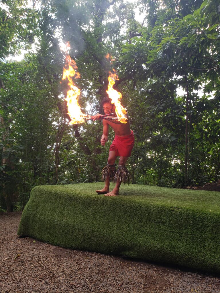 Fire-knife dancer performs at the Nutridge Luau, one of the most authentic luaus on Oahu.