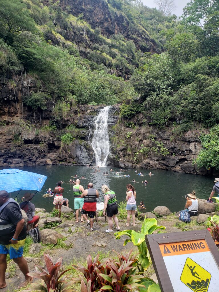 Visitors gather to swim under a waterfall in the Waimea Valley. 