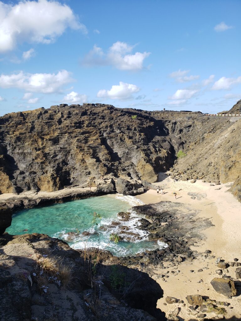 View of the beach below from Halona Blowhole, Oahu. 