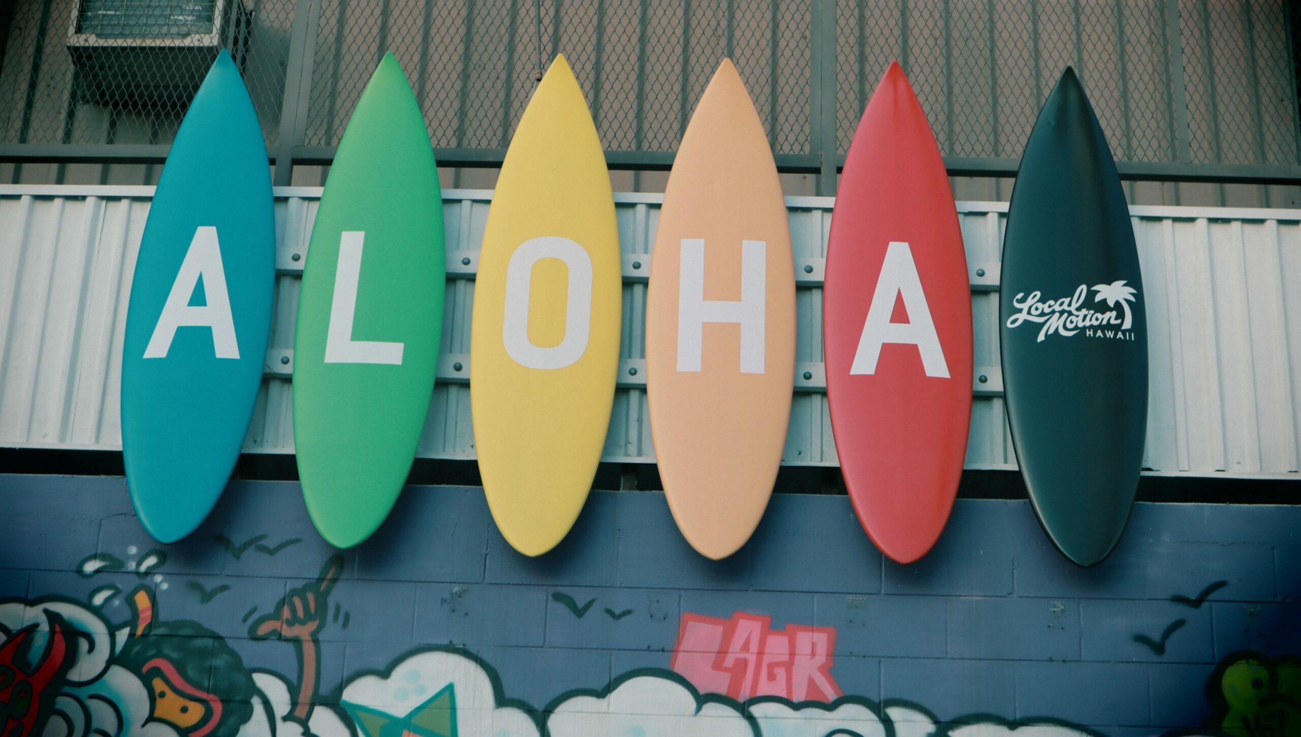 Aloha sign at the Local Motion surf shop in Honolulu, Hawaii.