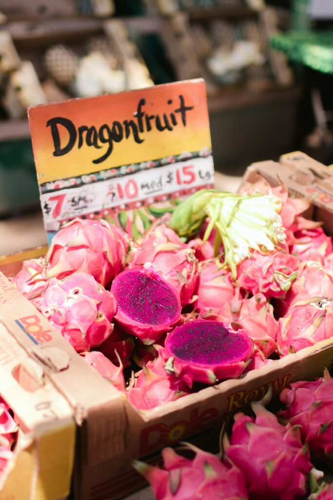 Dragonfruit for sale at a Waikiki area farmer's market. 