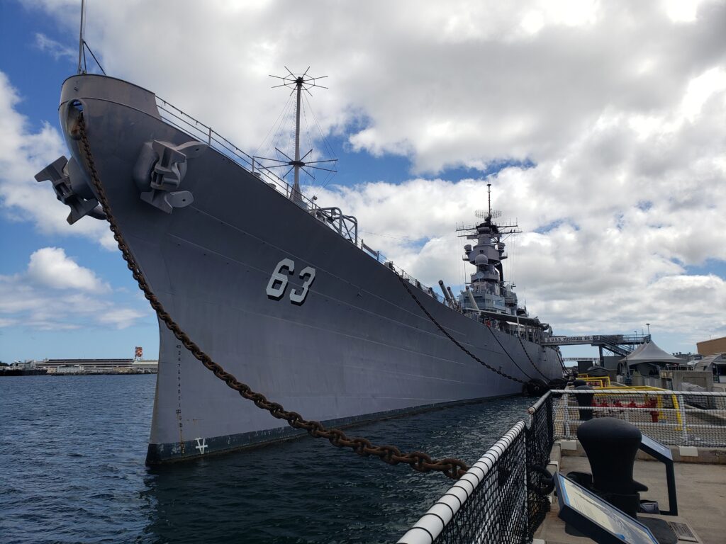 The USS Missouri Battleship at rest in Pearl Harbor.