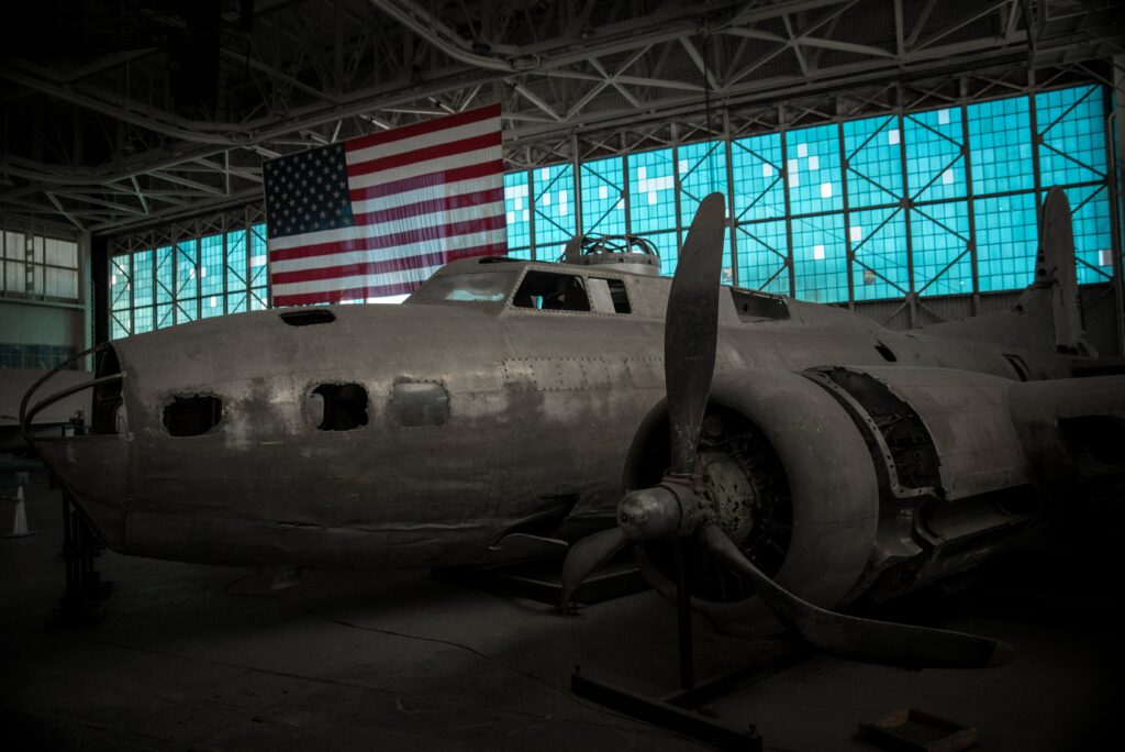 A WWII era bomber sits on display inside a hangar at the Pearl Harbor Aviation Museum. 