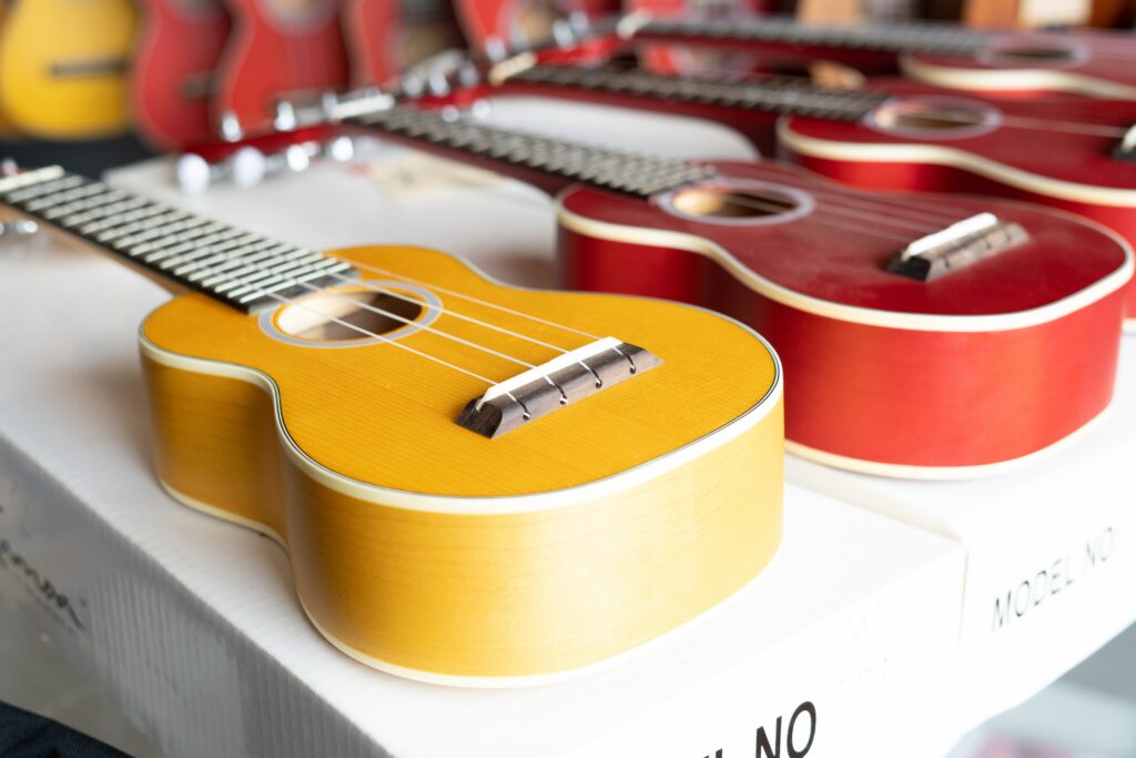 Ukuleles on display, factory tours are another great indoor activity on Oahu.  