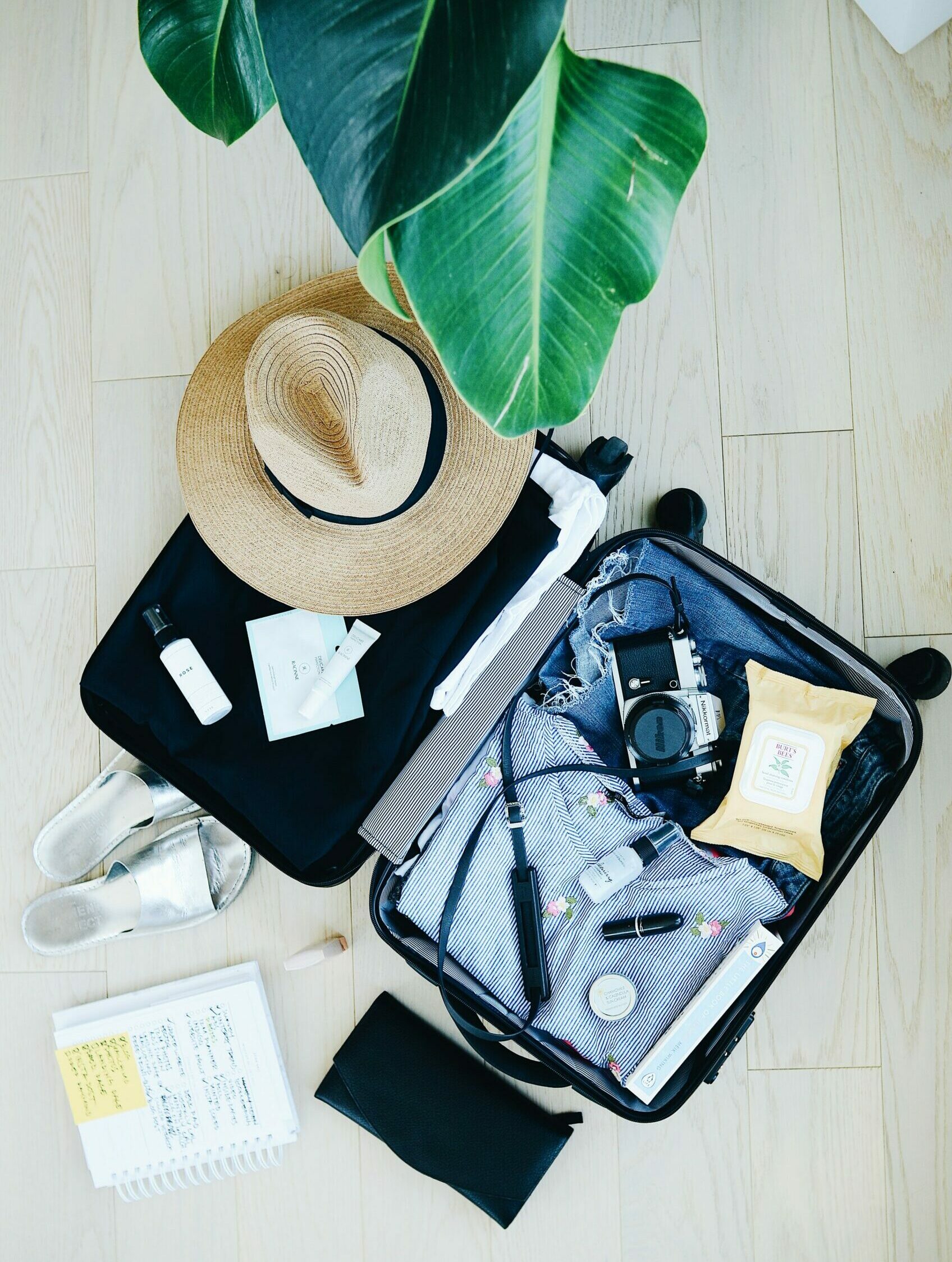 Photo of a suitcase packed for a tropical vacation.